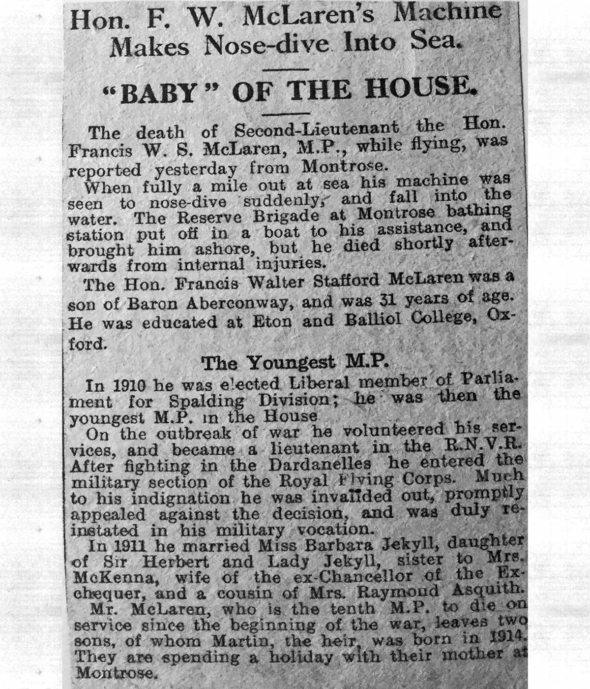 Newspaper announcement of the death of Francis McLaren