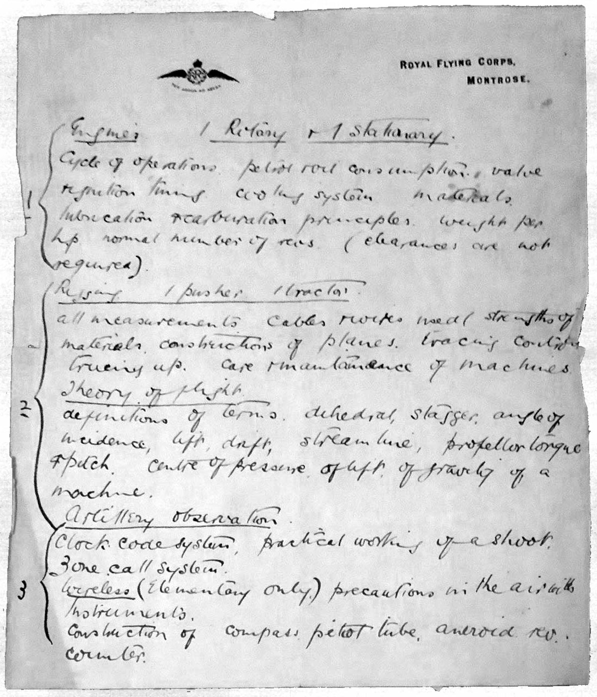 Syllabus from the Royal Flying Corps in Montrose